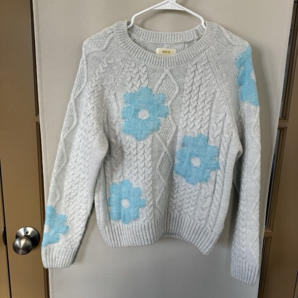 Maeve Anthropologie Women's Small Grey Floral Cable Knit Long Sleeve Sweater - Picture 2 of 6